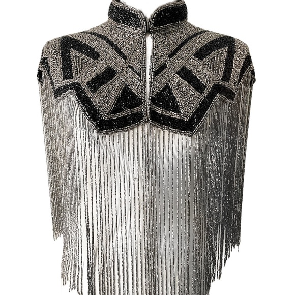 L'Jai Amor Tops - Gunmetal and Black Art Deco Hand Beaded Fringe Cape